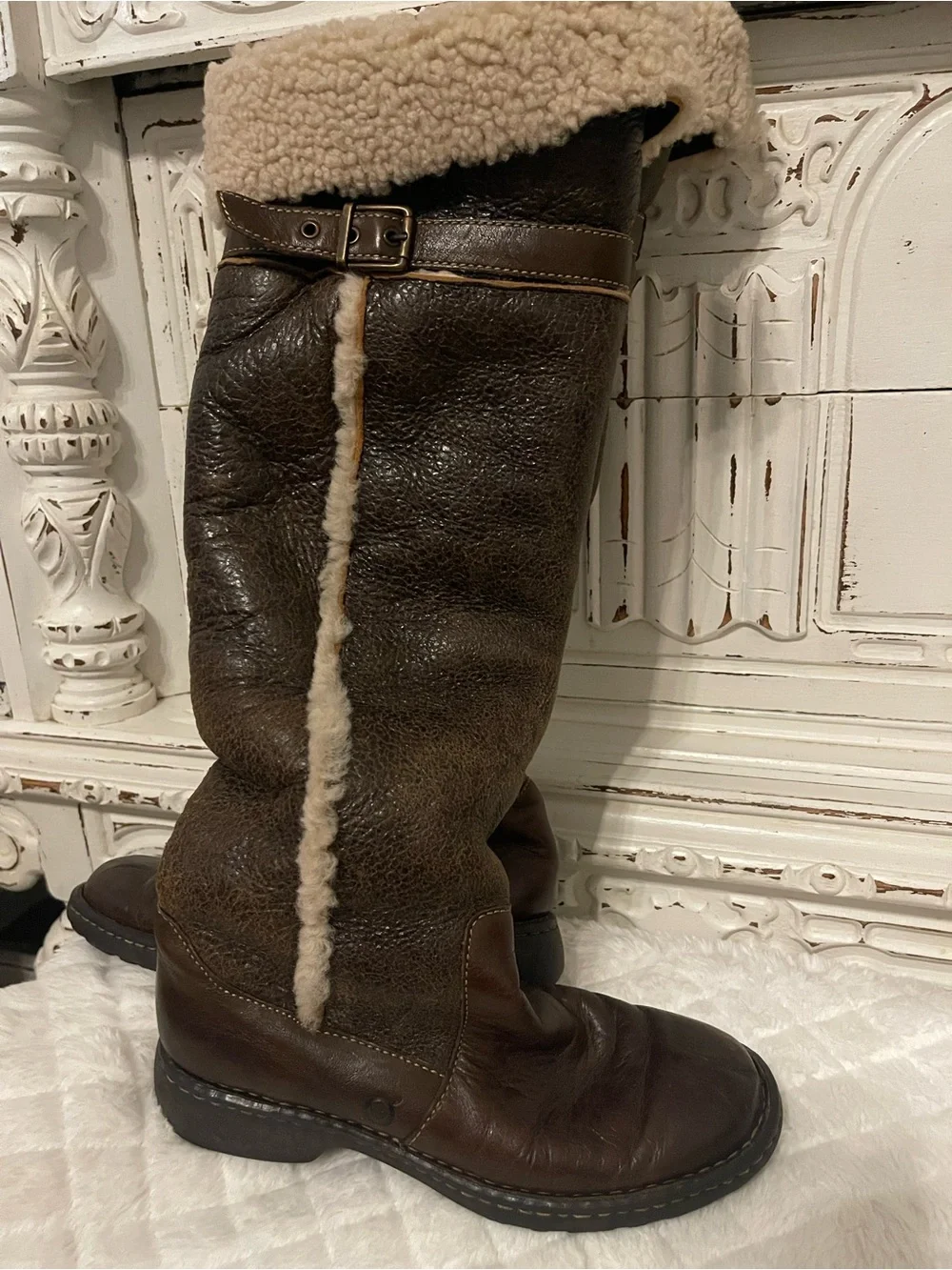 Born Brown Leather Knee High Shearling Boots